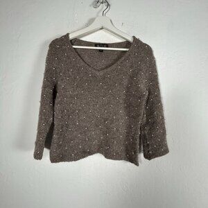 She by Sheri Bodell Wool Blend Pearl Embellished V-neck Sweater 10, Large Brown